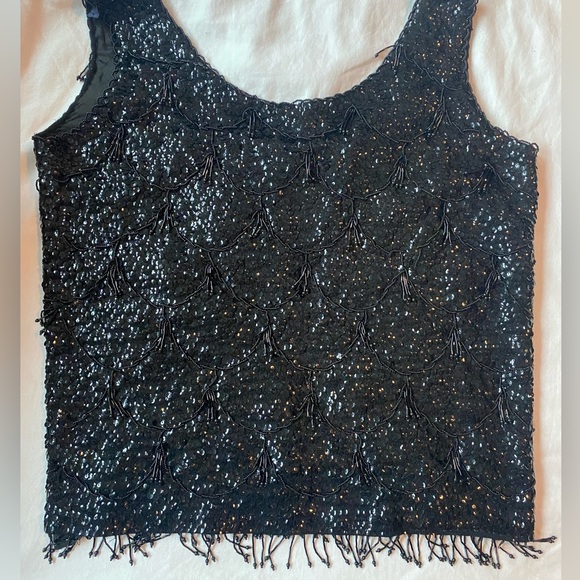Vintage 1960s black sequin beaded top with beaded fringe. Excellent condition. - Picture 5 of 6